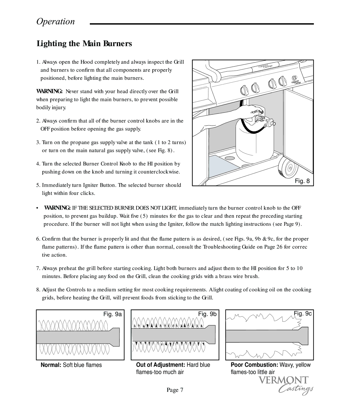 Vermont Casting VC50, VC75 user manual Lighting the Main Burners 