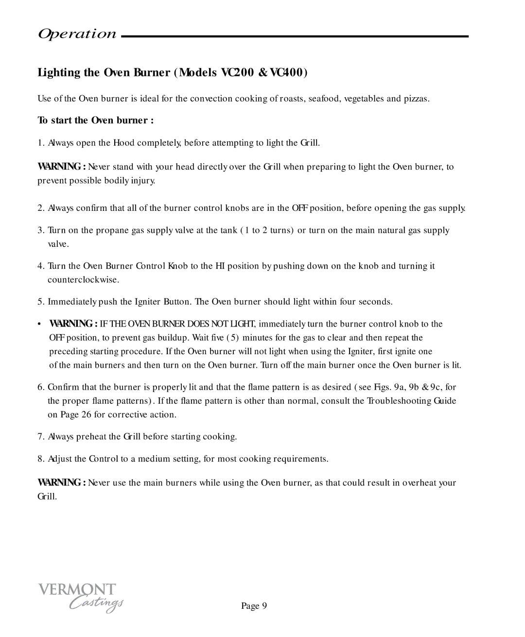 Vermont Casting VC75, VC50 user manual Operation, Lighting the Oven Burner Models VC200 & VC400, To start the Oven burner 