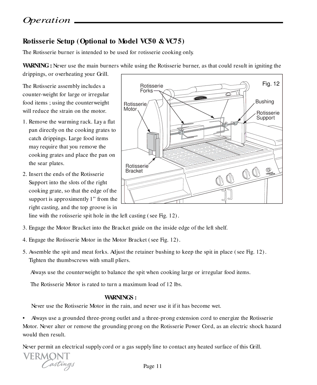 Vermont Casting user manual Rotisserie Setup Optional to Model VC50 & VC75 