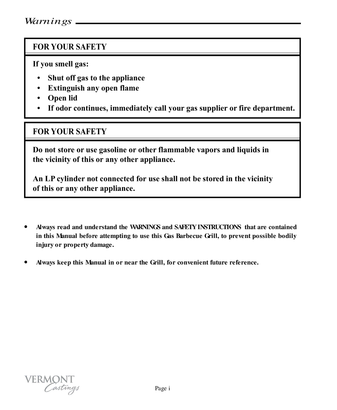 Vermont Casting VC75, VC50 user manual For Your Safety 