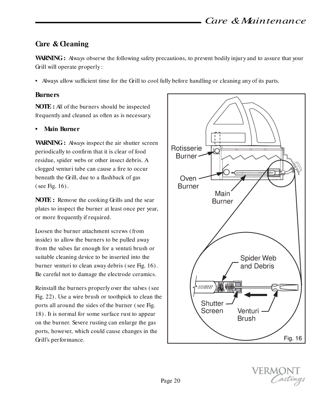 Vermont Casting VC50, VC75 user manual Care & Maintenance, Care & Cleaning, Burners, Main Burner, See Fig 