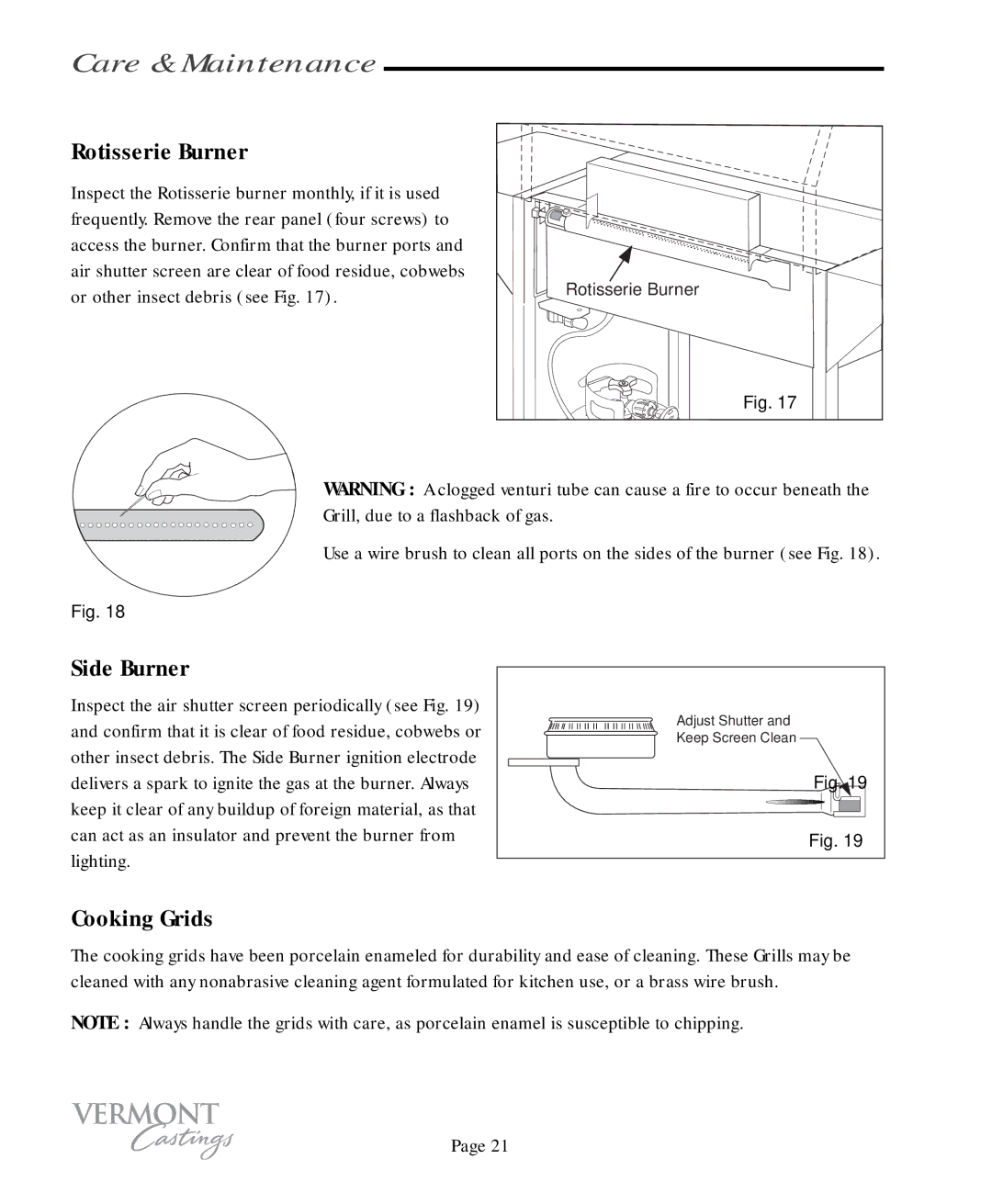 Vermont Casting VC75, VC50 user manual Rotisserie Burner, Side Burner, Cooking Grids 