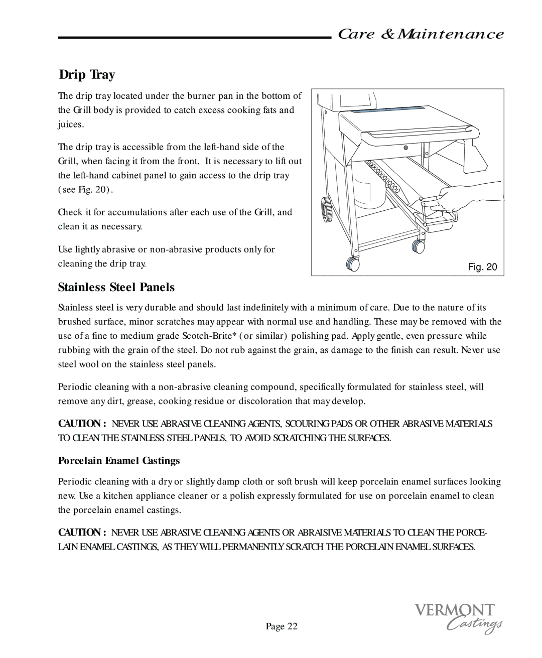 Vermont Casting VC50, VC75 user manual Drip Tray, Stainless Steel Panels, Porcelain Enamel Castings 