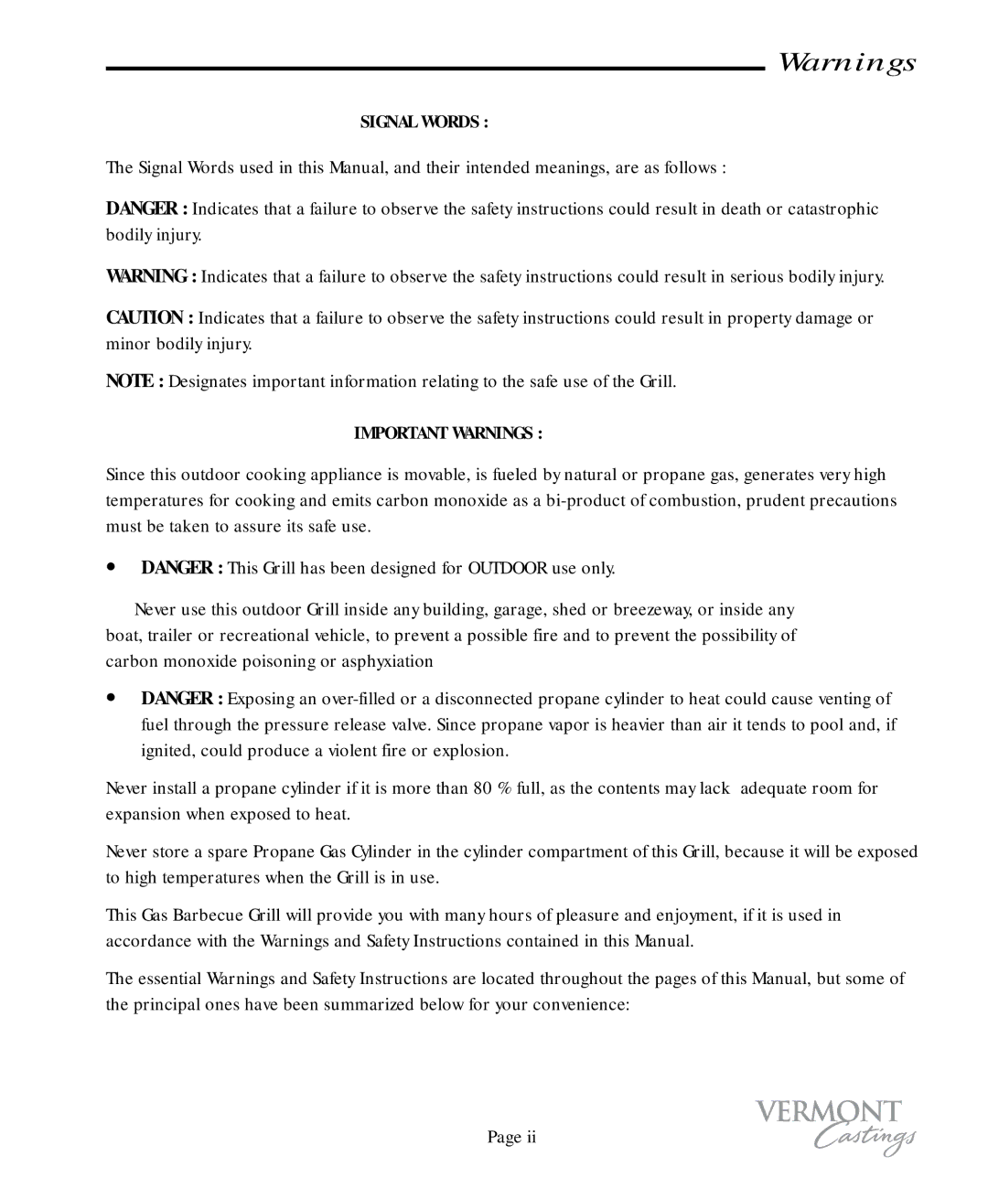 Vermont Casting VC50, VC75 user manual Signal Words 