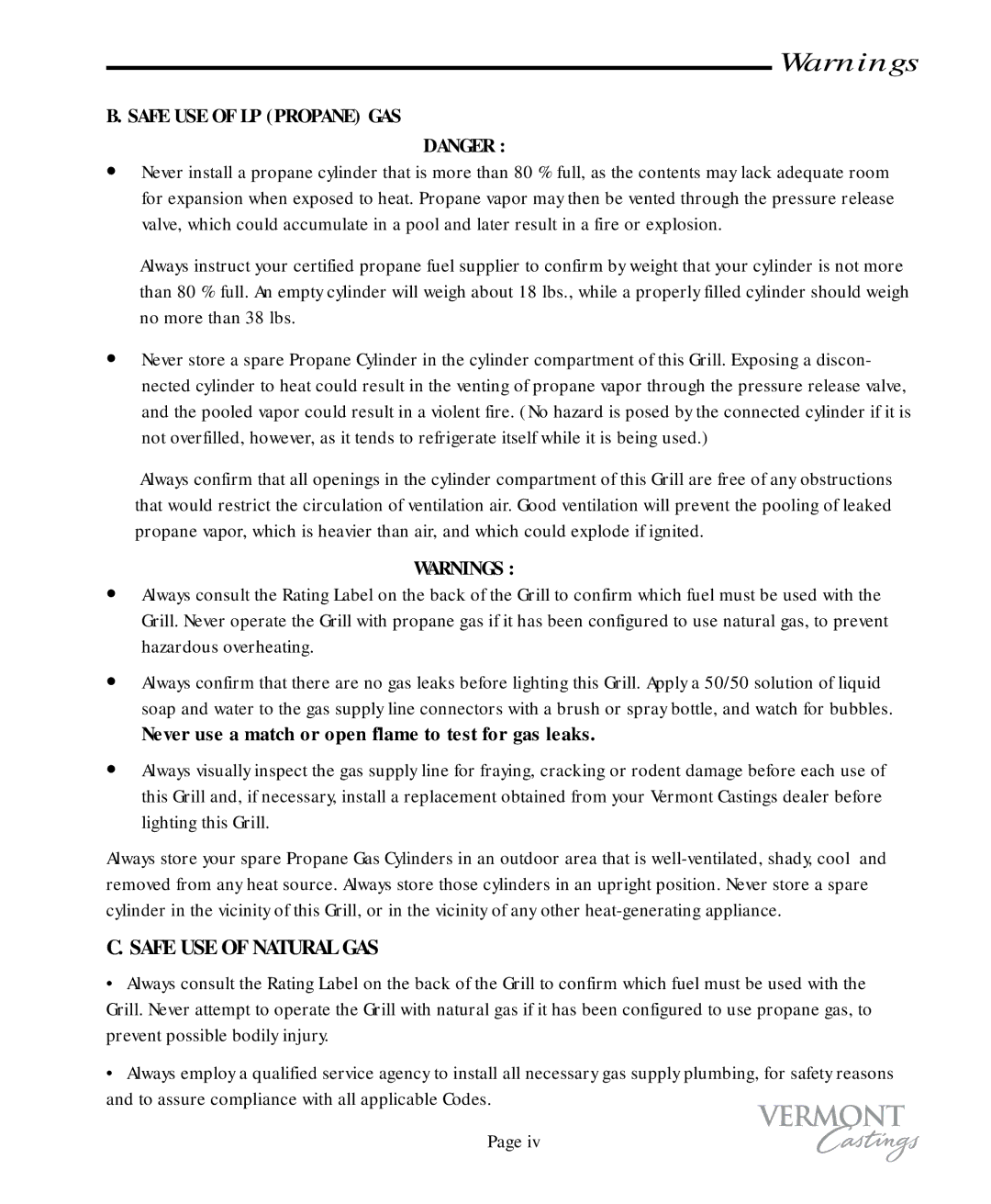 Vermont Casting VC50, VC75 user manual Safe USE of LP Propane GAS, Never use a match or open flame to test for gas leaks 