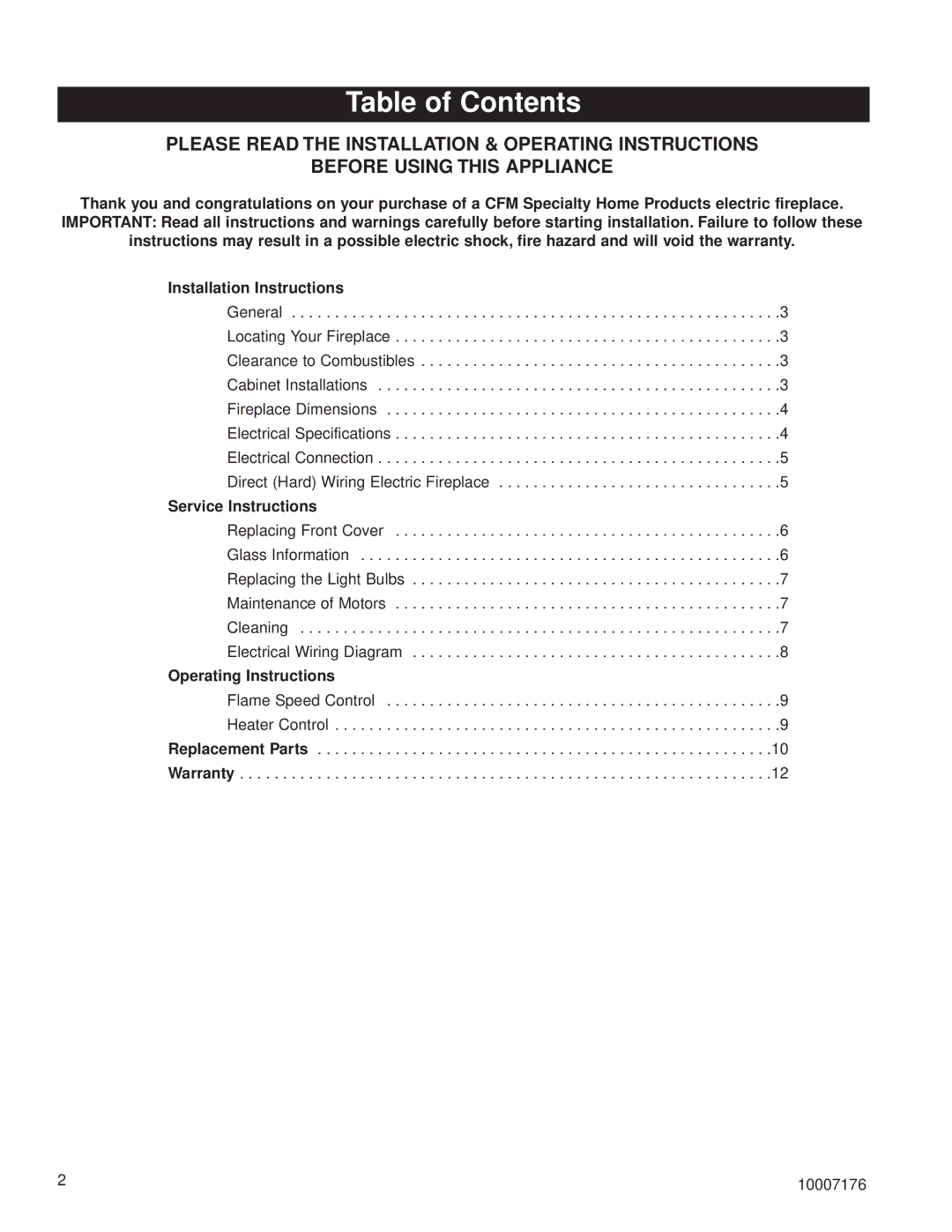 Vermont Casting VCEF36, VCEF33, VCEF26 installation instructions Table of Contents 