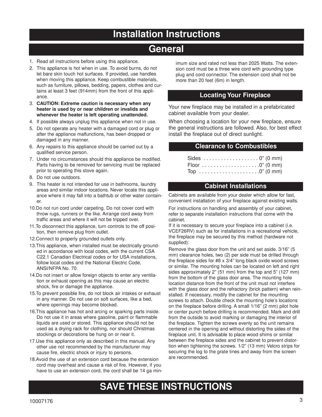 Vermont Casting VCEF33, VCEF26 Installation Instructions General, Locating Your Fireplace, Clearance to Combustibles 