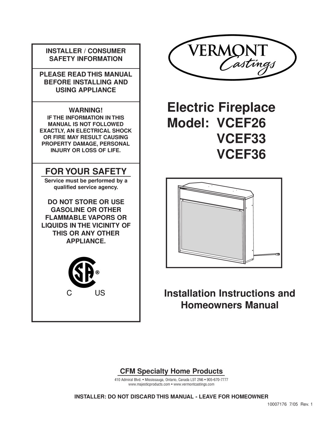 Vermont Casting installation instructions Electric Fireplace Model VCEF26 VCEF33 VCEF36, CFM Specialty Home Products 