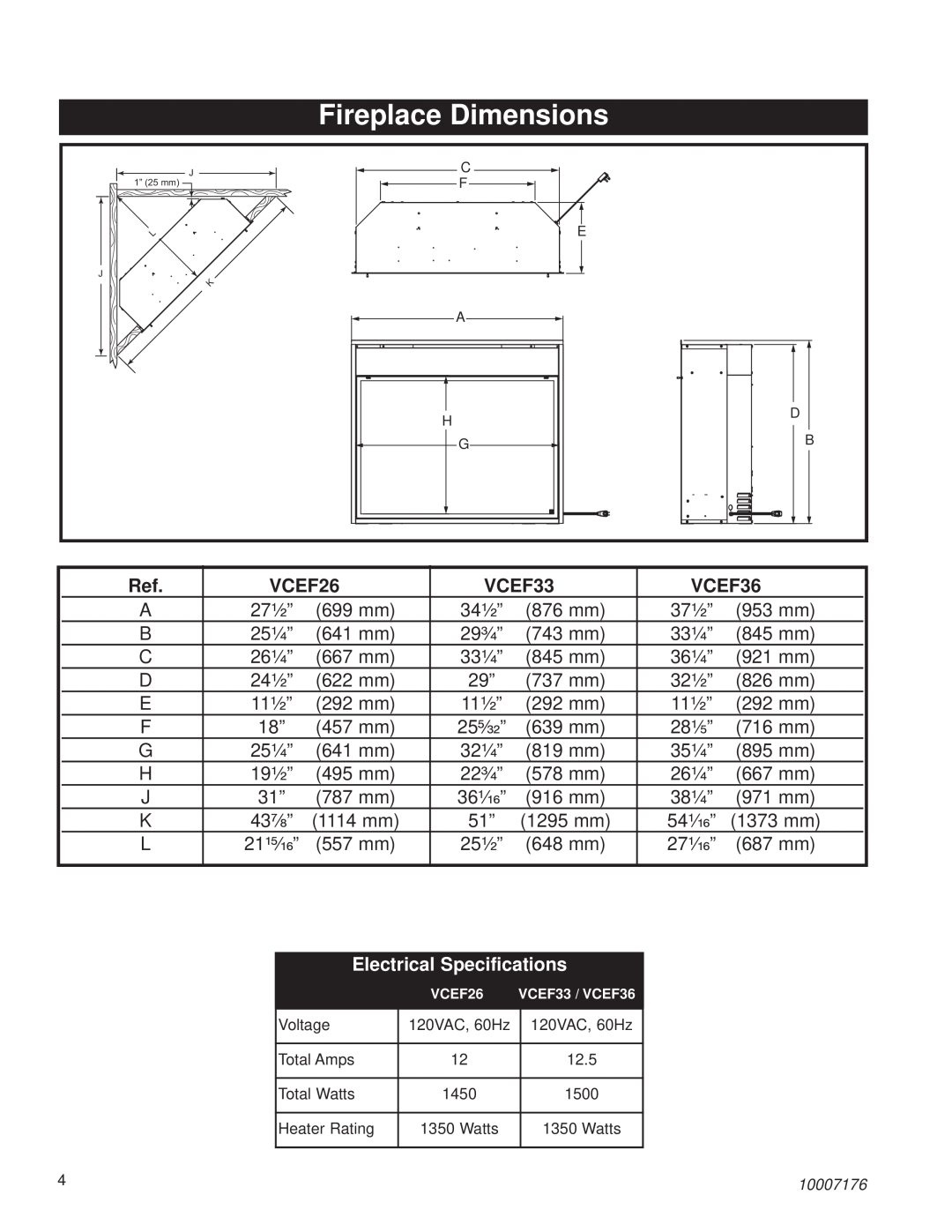 Vermont Casting VCEF26 installation instructions Fireplace Dimensions, VCEF33, VCEF36, Electrical Specifications 