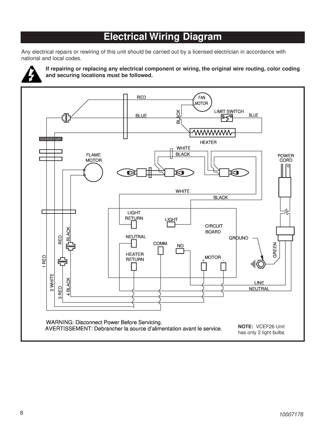Vermont Casting VCEF36, VCEF33, VCEF26 Electrical Wiring Diagram, WARNING Disconnect Power Before Servicing, 10007176 
