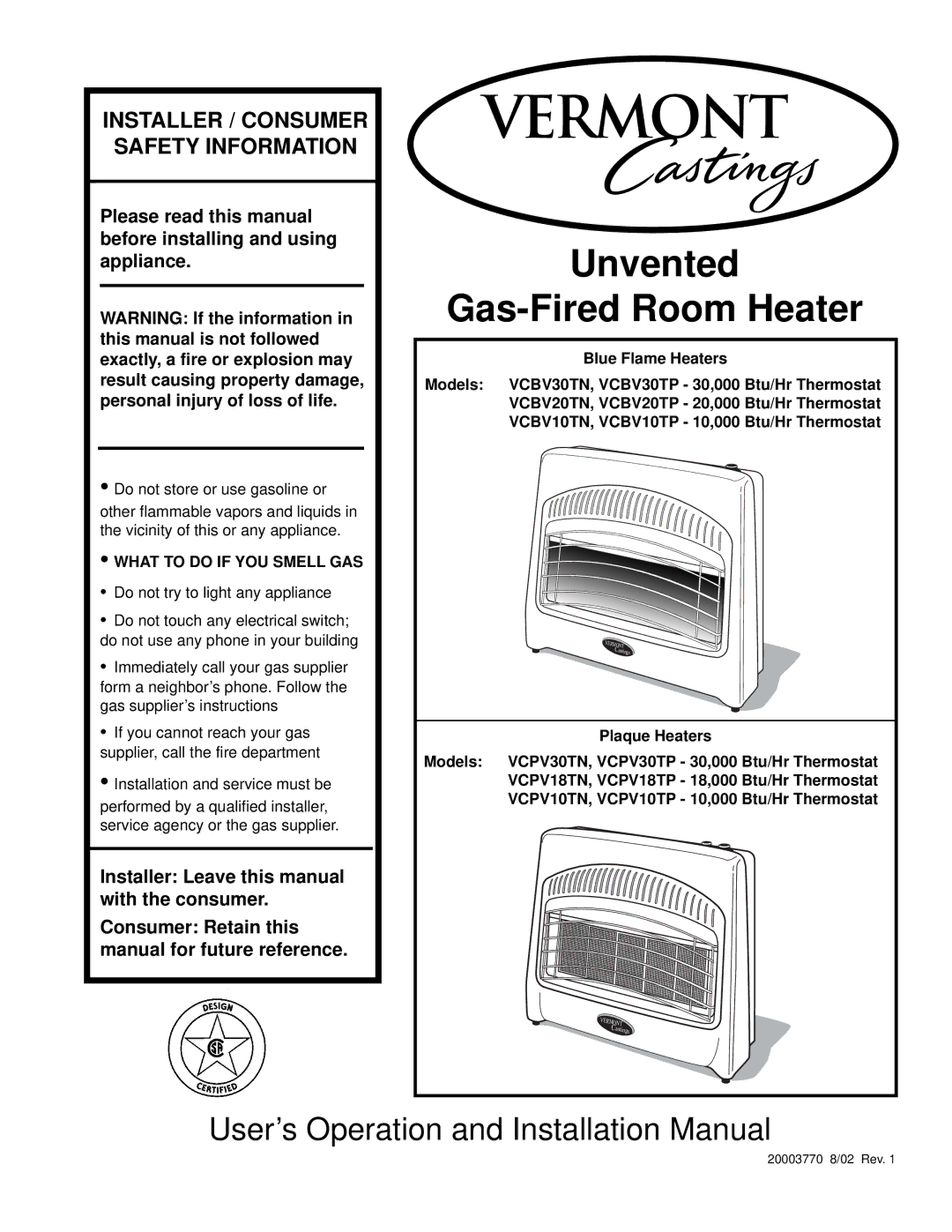 Vermont Casting VCPV30TP - 30, VCPV10TN, VCPV18TN, VCBV20TN, VCPV18TP - 18 installation manual Unvented Gas-Fired Room Heater 