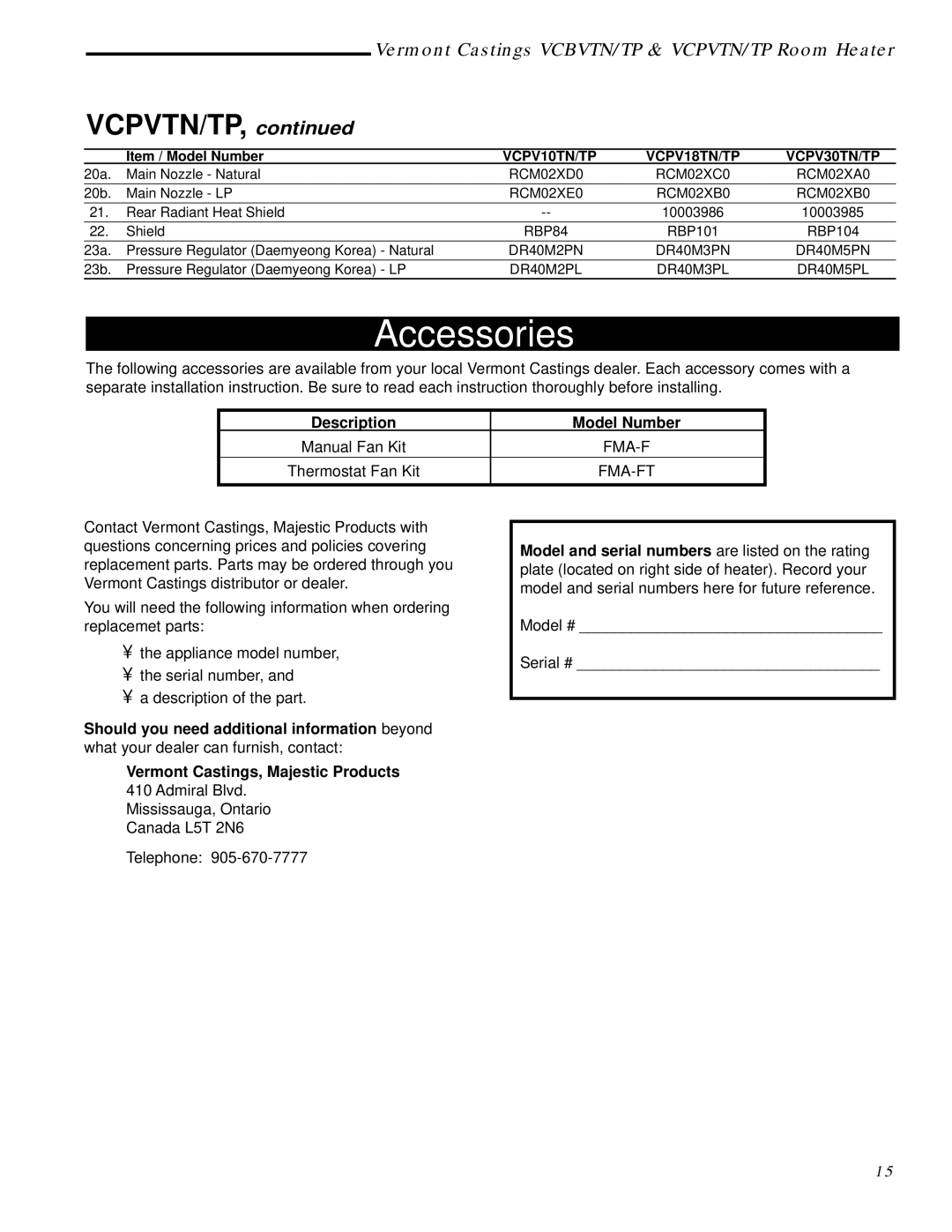 Vermont Casting VCPV18TN, VCPV10TN, VCPV30TP - 30, VCBV20TN, VCPV18TP - 18, VCBV30TP - 30, VCPV30TN Accessories, Vcpvtn/Tp 