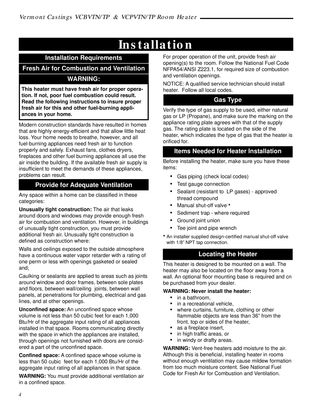 Vermont Casting VCPV18TP - 18, VCPV10TN Installation, Provide for Adequate Ventilation, Gas Type, Locating the Heater 