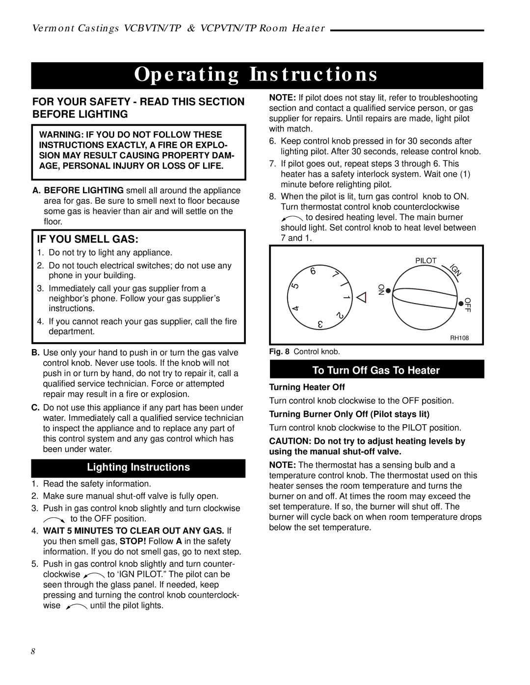 Vermont Casting VCPV10TP , VCPV10TN, VCPV30TP - 30 Operating Instructions, Lighting Instructions, To Turn Off Gas To Heater 