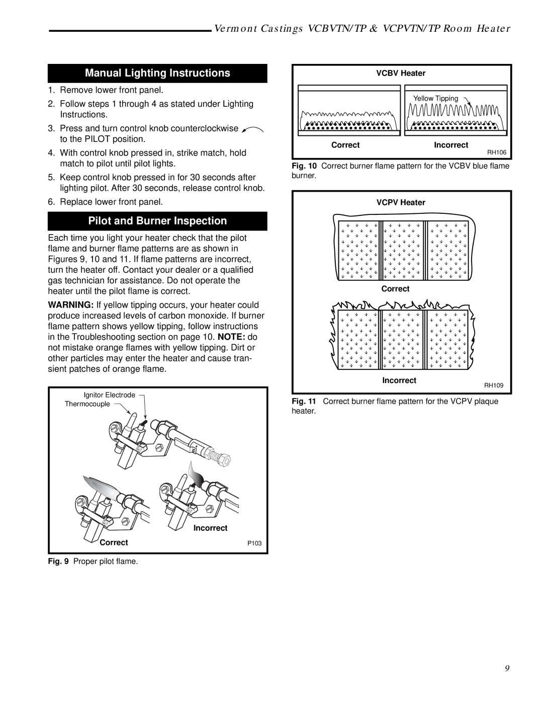 Vermont Casting VCBV10TP - 10, VCPV10TN, VCPV30TP - 30, VCPV18TN Manual Lighting Instructions, Pilot and Burner Inspection 