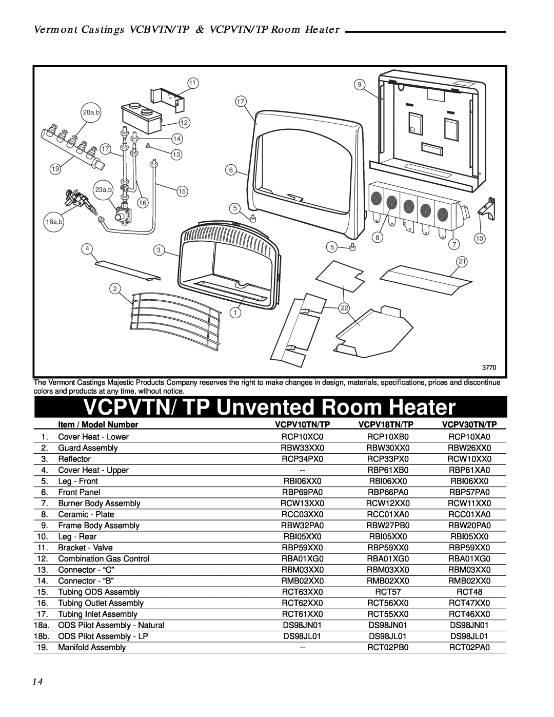Vermont Casting VCPV30TP - 30 VCPVTN/ TP Unvented Room Heater, Item / Model Number, VCPV10TN/TP, VCPV18TN/TP, VCPV30TN/TP 
