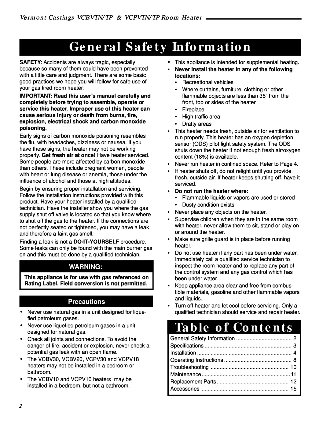 Vermont Casting VCPV18TN, VCPV10TN, VCPV30TP - 30, VCBV20TN General Safety Information, Table of Contents, Precautions 