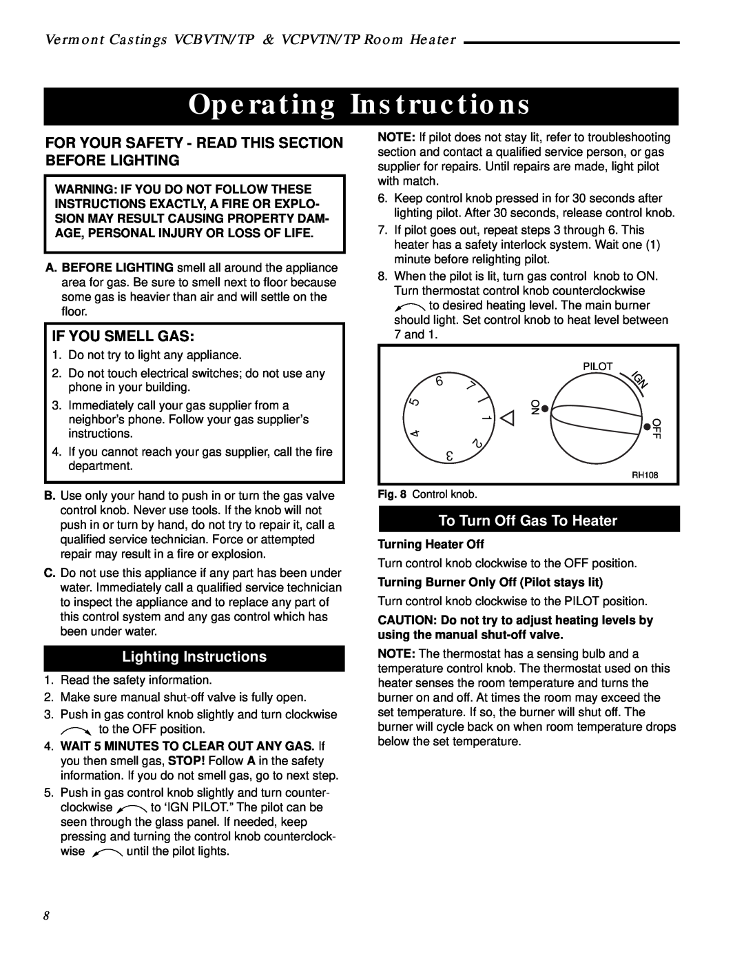 Vermont Casting VCPV10TP  Operating Instructions, If You Smell Gas, Lighting Instructions, To Turn Off Gas To Heater 