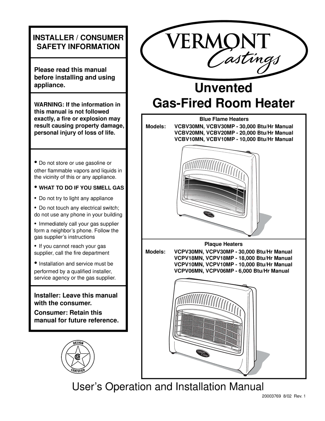 Vermont Casting VCPV18, VCPV30, VCPV10, VCPV06, VCBV30, VCBV20, VCBV10 installation manual Unvented Gas-Fired Room Heater 