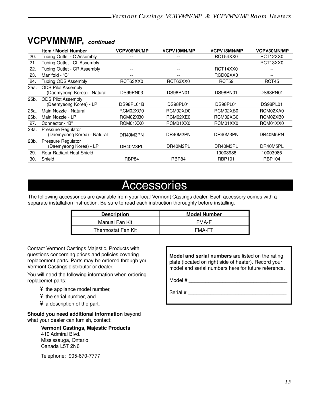 Vermont Casting VCPV18, VCPV30, VCPV10, VCPV06, VCBV30, VCBV20, VCBV10 installation manual Accessories, Vcpvmn/Mp 