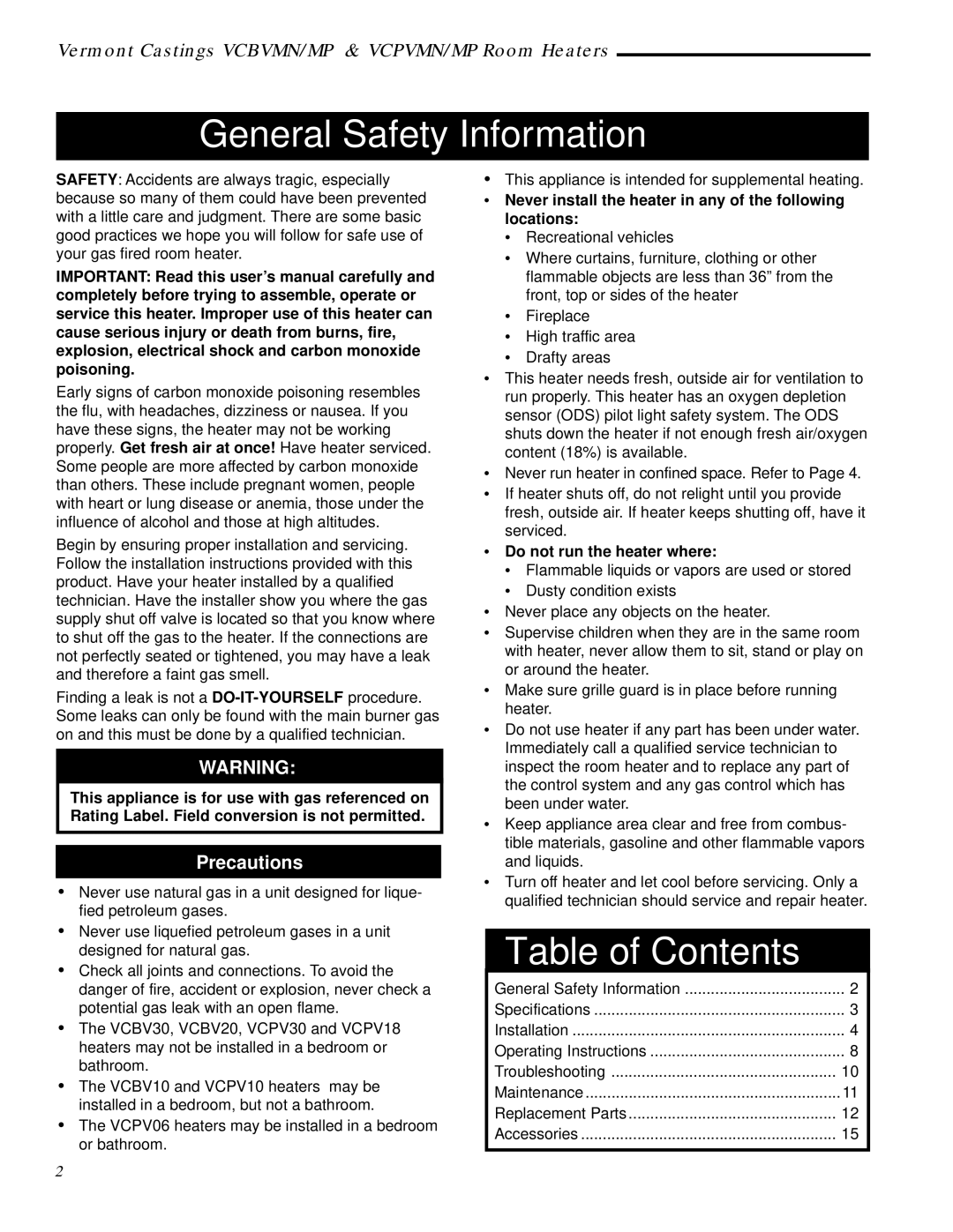 Vermont Casting VCPV10, VCPV30, VCPV18, VCPV06, VCBV30, VCBV20, VCBV10 General Safety Information, Table of Contents 