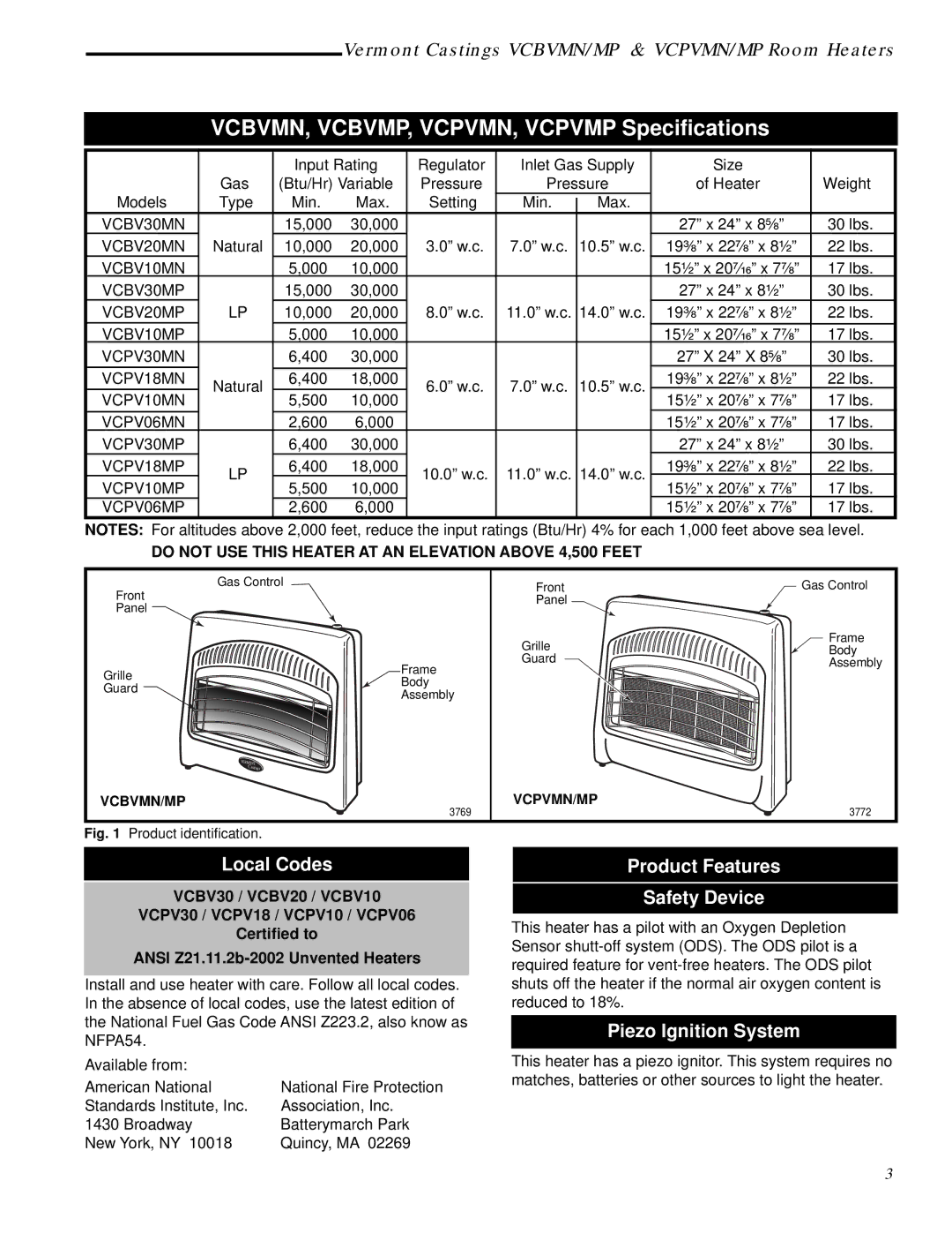 Vermont Casting VCPV06, VCPV30, VCPV18, VCPV10, VCBV30 Local Codes, Product Features Safety Device, Piezo Ignition System 