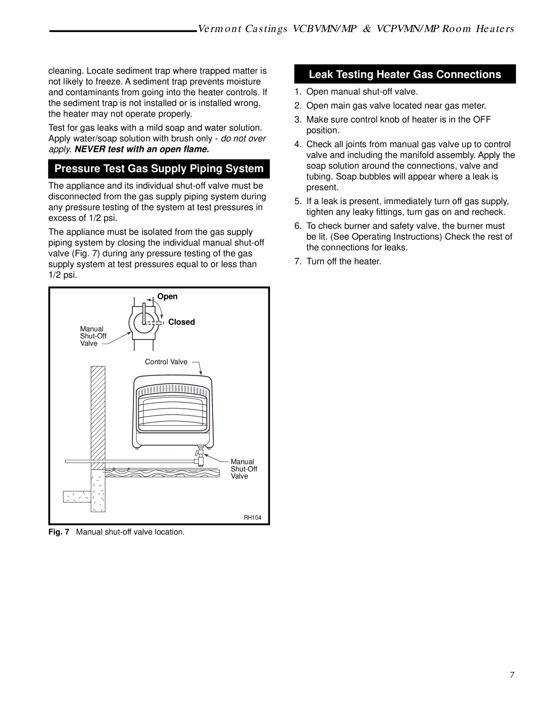 Vermont Casting VCPV30, VCPV18, VCPV10, VCPV06 Pressure Test Gas Supply Piping System, Leak Testing Heater Gas Connections 