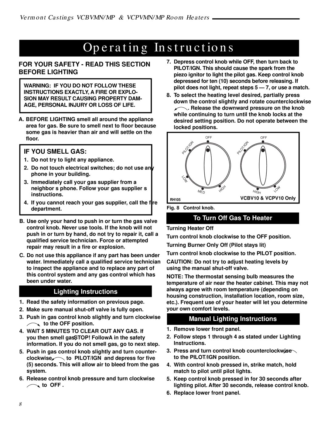 Vermont Casting VCPV18, VCPV30, VCPV10, VCPV06 Operating Instructions, Lighting Instructions, To Turn Off Gas To Heater 