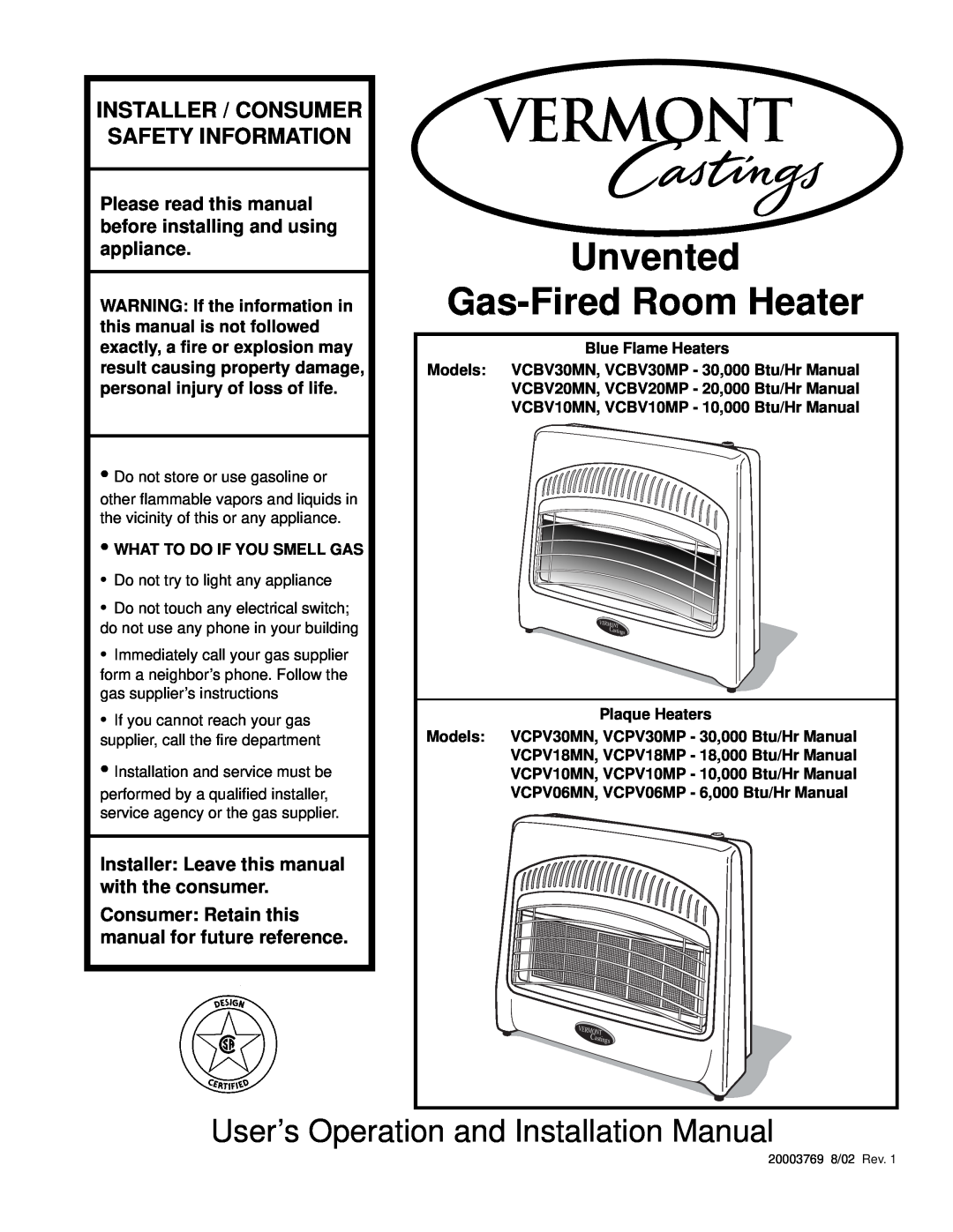 Vermont Casting VCPV18 installation manual Installer Leave this manual with the consumer, Unvented Gas-FiredRoom Heater 