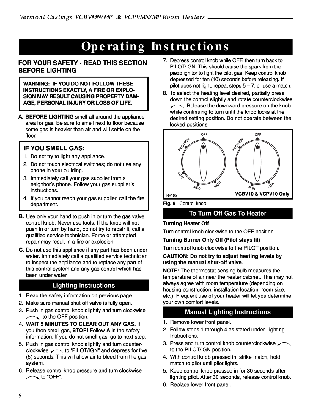 Vermont Casting VCPV18, VCPV30 Operating Instructions, If You Smell Gas, Lighting Instructions, To Turn Off Gas To Heater 