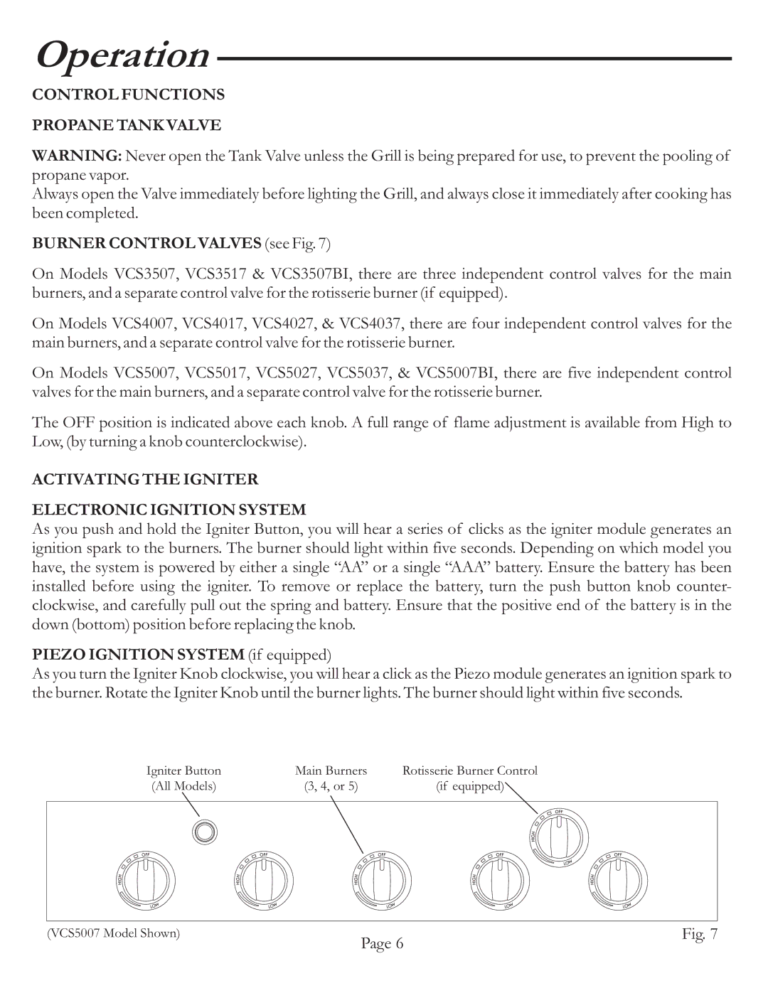 Vermont Casting VCS4017 user manual Control Functions Propane Tank Valve, Activating the Igniter Electronic Ignition System 