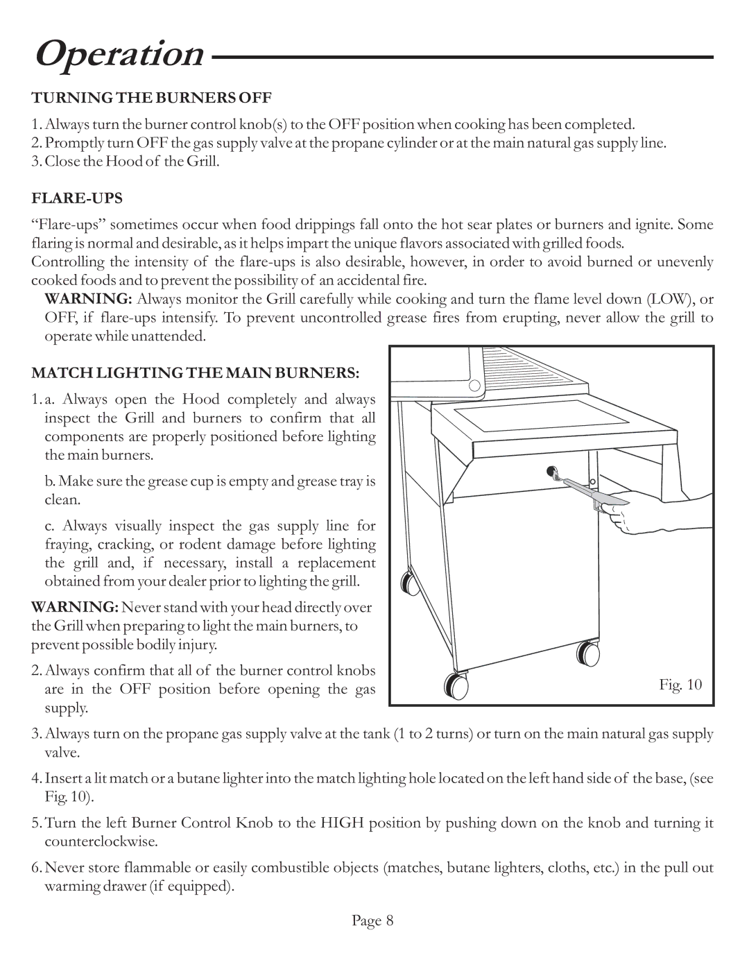 Vermont Casting VCS4017 user manual Turning the Burners OFF, Flare-Ups, Match Lighting the Main Burners 