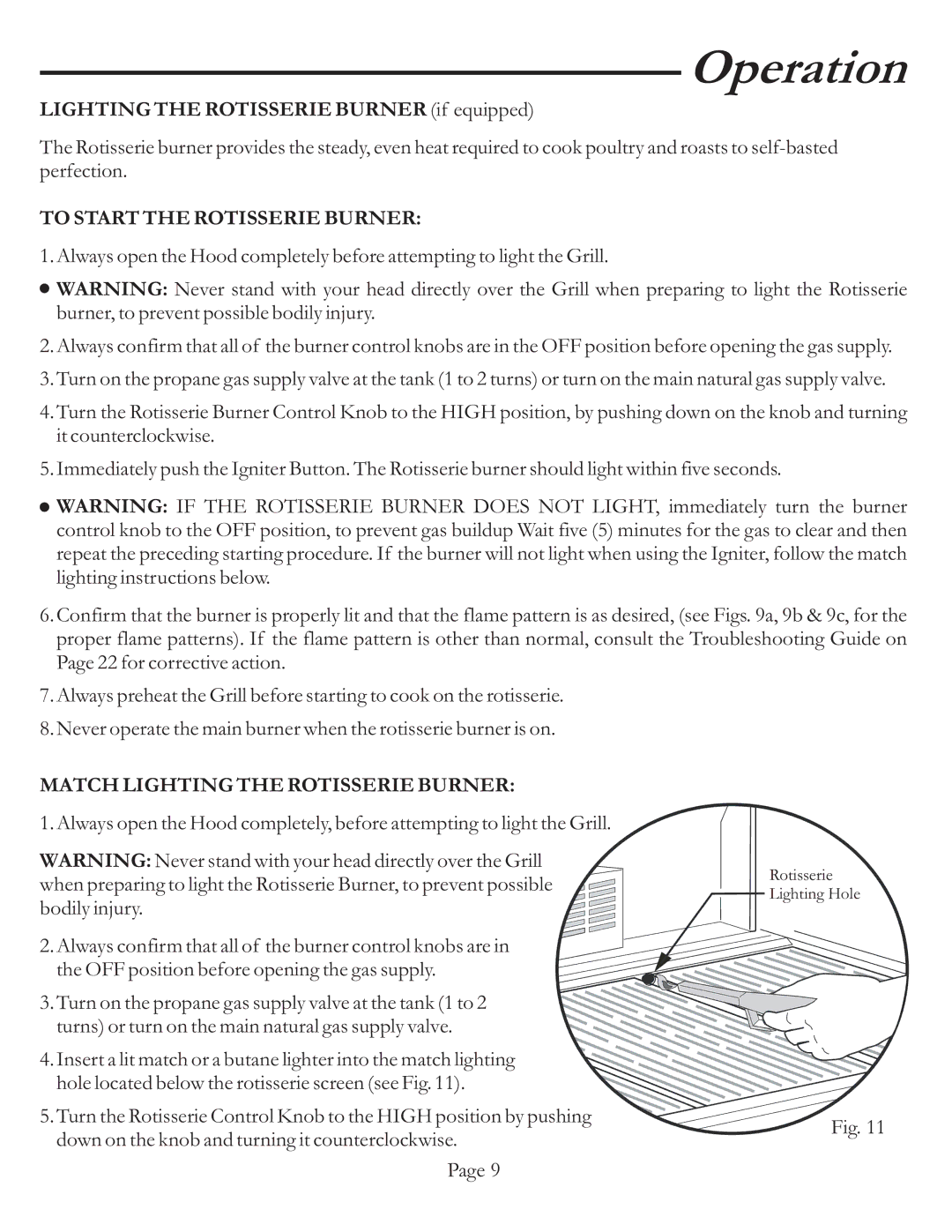 Vermont Casting VCS4017 user manual To Start the Rotisserie Burner, Match Lighting the Rotisserie Burner 