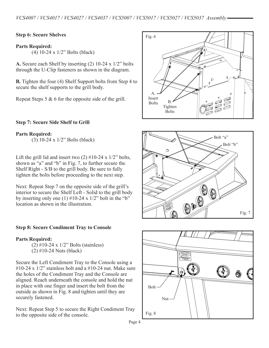 Vermont Casting VCS4017 user manual Secure Shelves Parts Required, Secure Side Shelf to Grill Parts Required 