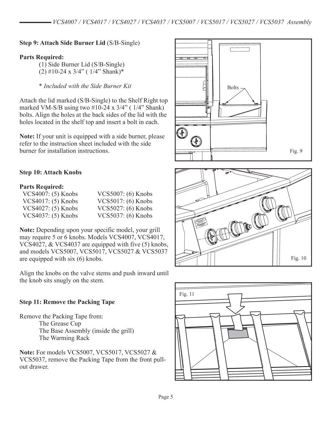 Vermont Casting VCS4017 user manual Attach Side Burner Lid S/B-Single Parts Required, Attach Knobs Parts Required 