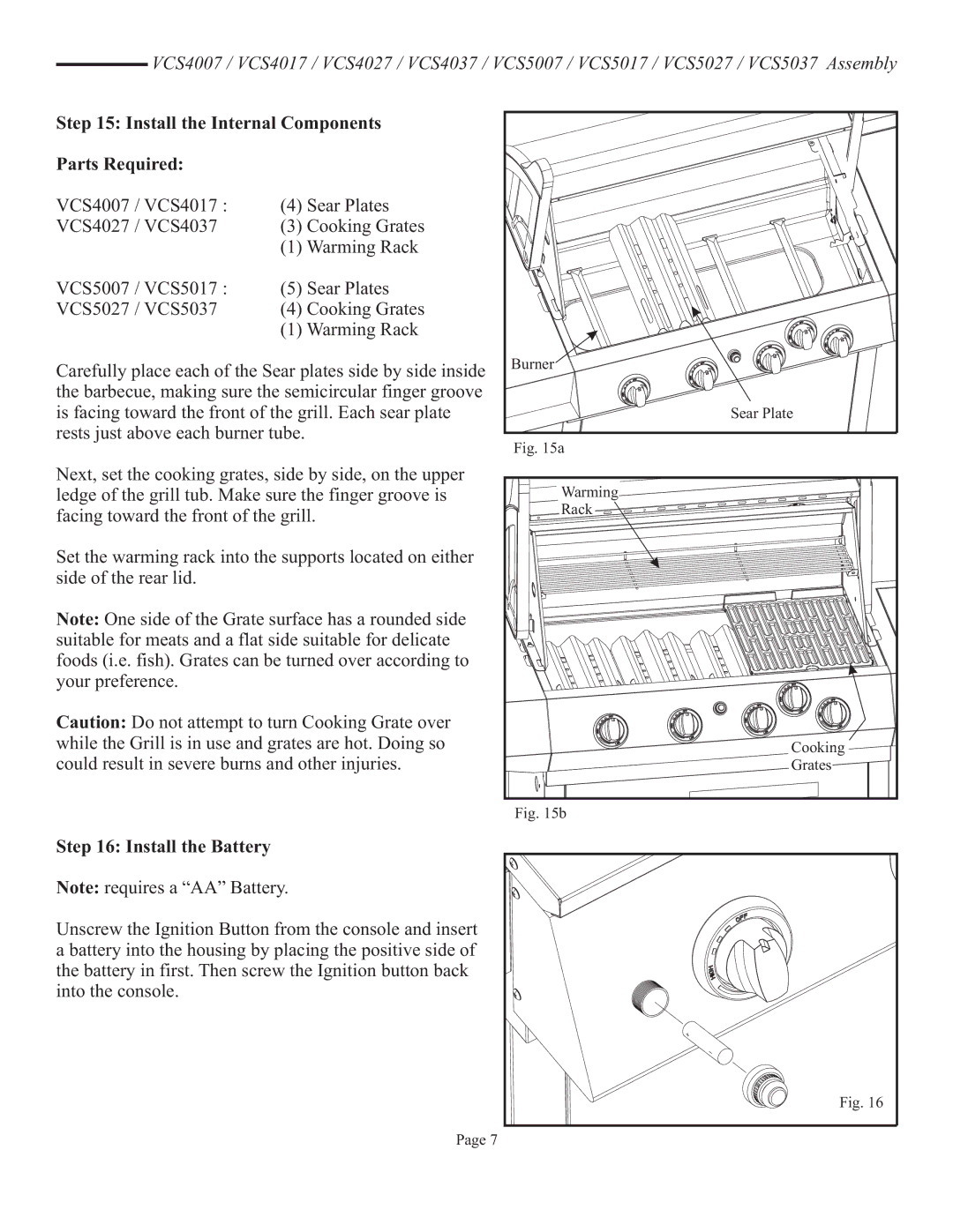 Vermont Casting VCS4017 user manual Install the Internal Components Parts Required, Install the Battery 