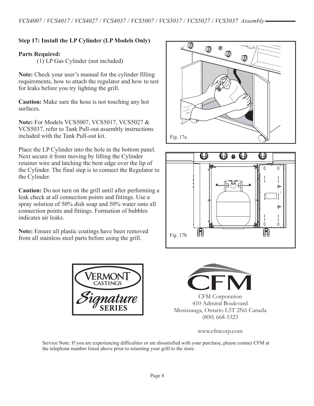 Vermont Casting VCS4017 user manual Install the LP Cylinder LP Models Only Parts Required 