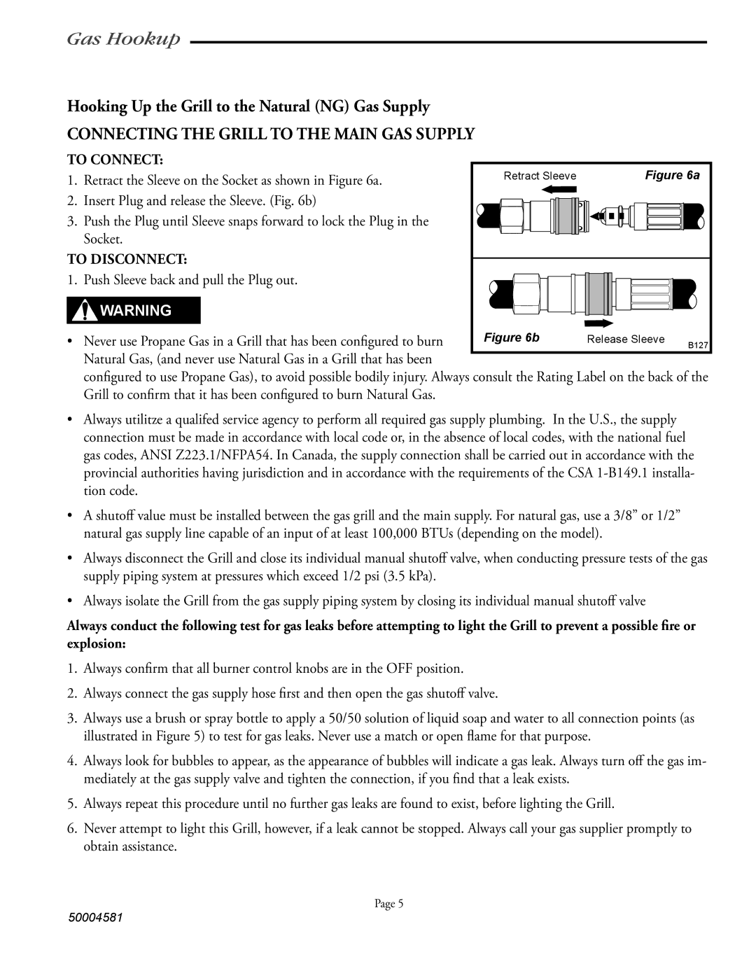 Vermont Casting VCS4008 Series, VCS5008BI Hooking Up the Grill to the Natural NG Gas Supply, To Connect, To Disconnect 