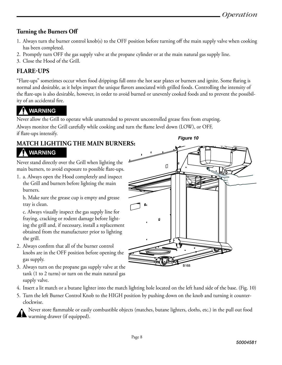 Vermont Casting VCS5008BI, VCS5008 Series user manual Turning the Burners Oﬀ, Flare-Ups, Match Lighting the Main Burners 