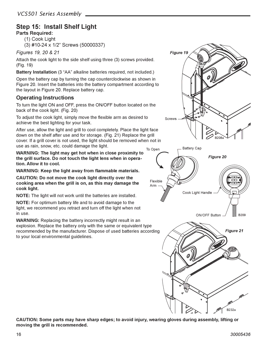 Vermont Casting VCS501 manual Install Shelf Light, Cook Light #10-24 x 1/2 Screws 50000337 Figures 19, 20 