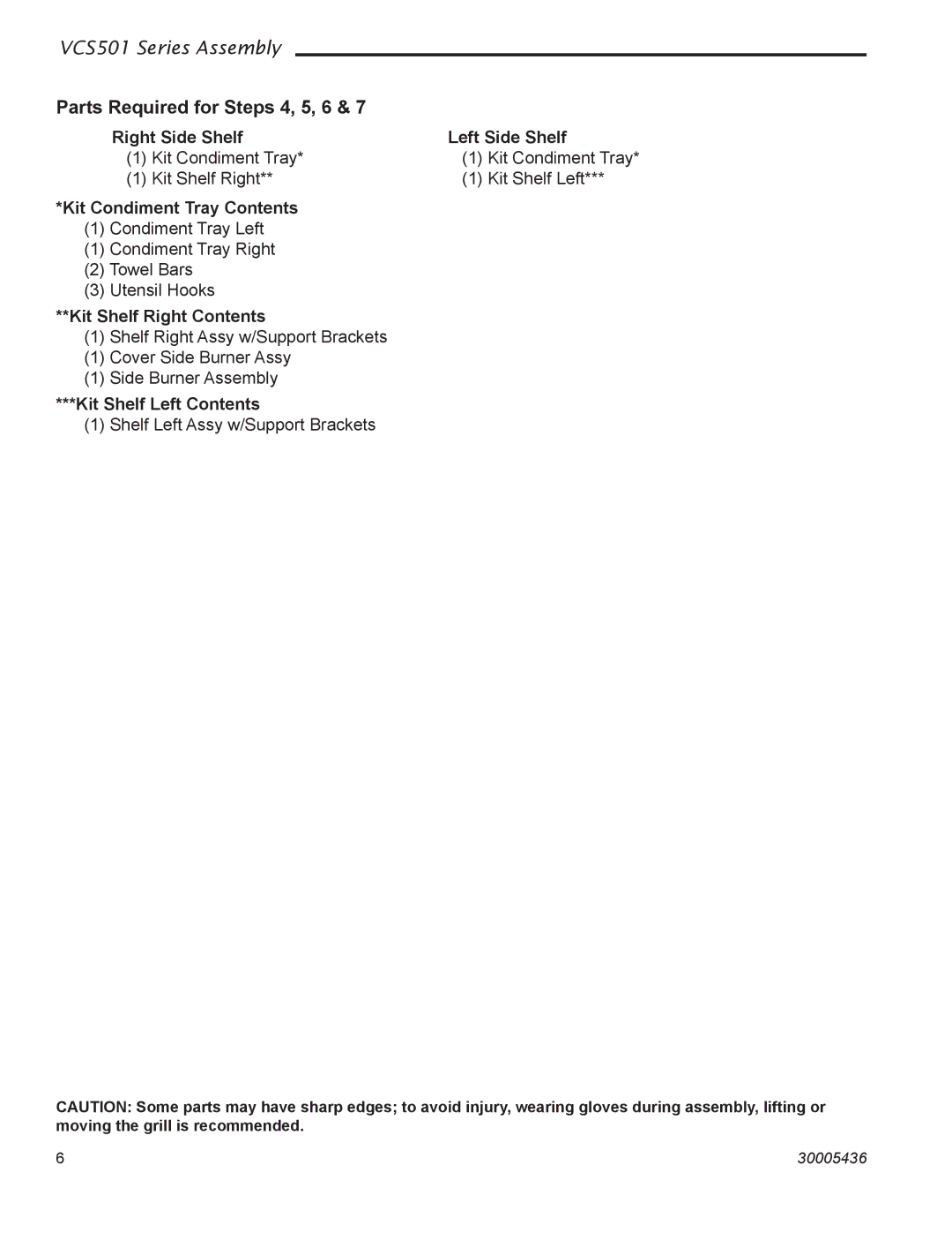Vermont Casting VCS501 manual Right Side Shelf Left Side Shelf, Kit Condiment Tray Contents, Kit Shelf Right Contents 