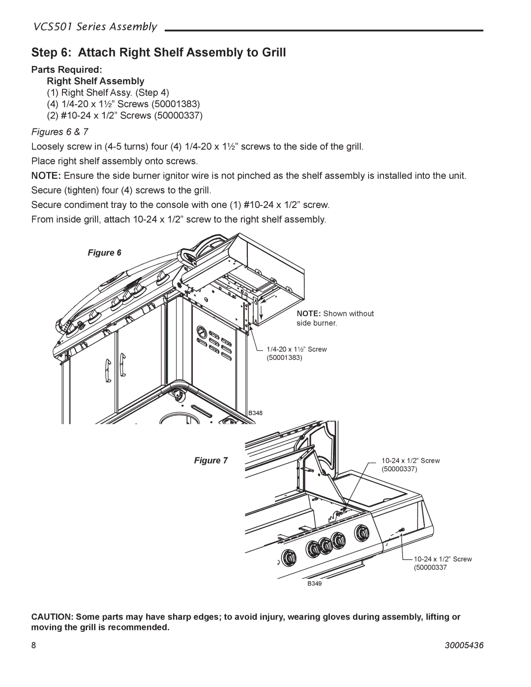 Vermont Casting VCS501 manual Attach Right Shelf Assembly to Grill, Parts Required Right Shelf Assembly 