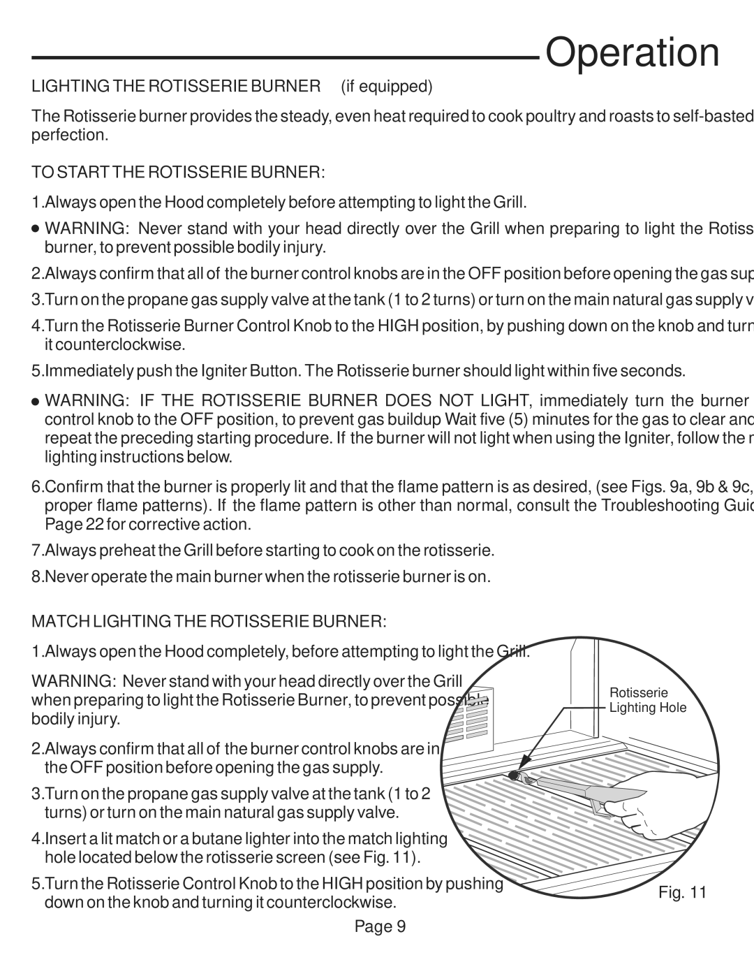 Vermont Casting VCS5017 user manual To Start the Rotisserie Burner, Match Lighting the Rotisserie Burner 