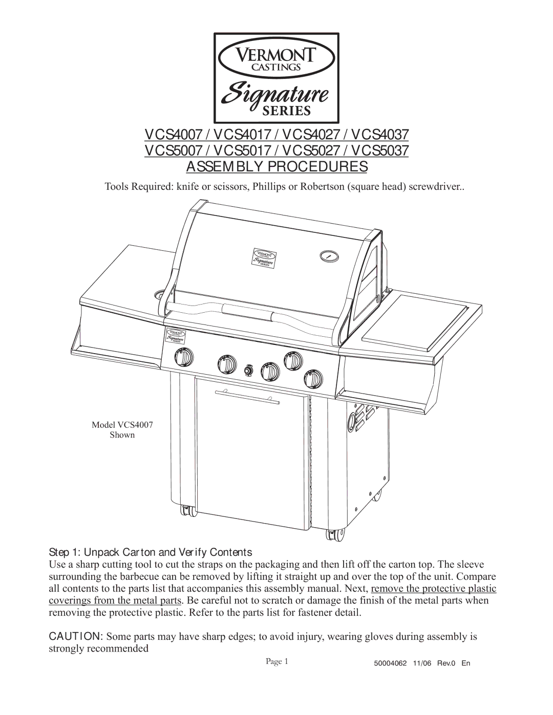 Vermont Casting VCS5017 user manual Assembly Procedures, Unpack Carton and Verify Contents 