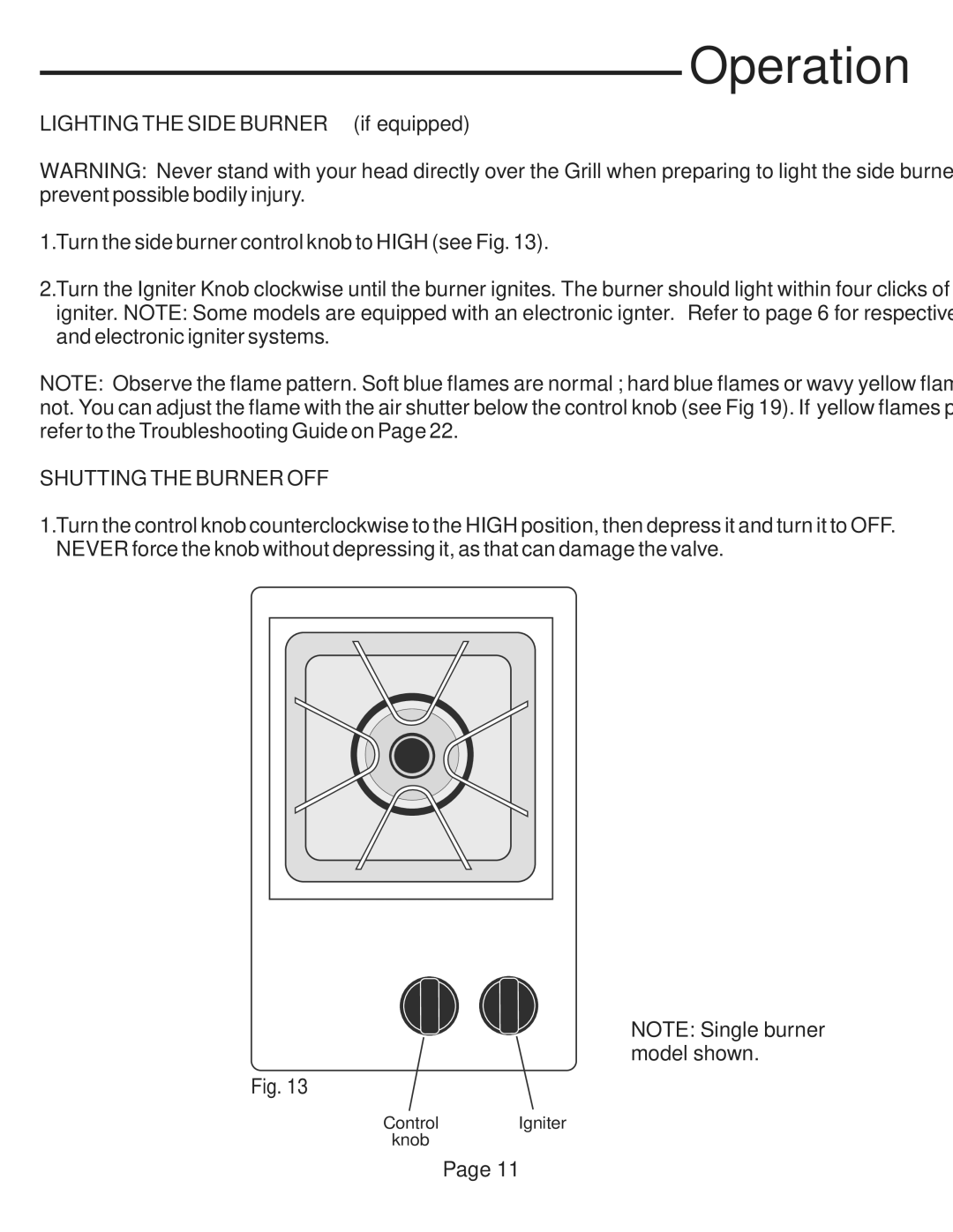 Vermont Casting VCS5027 user manual Lighting the Side Burner if equipped, Shutting the Burner OFF 