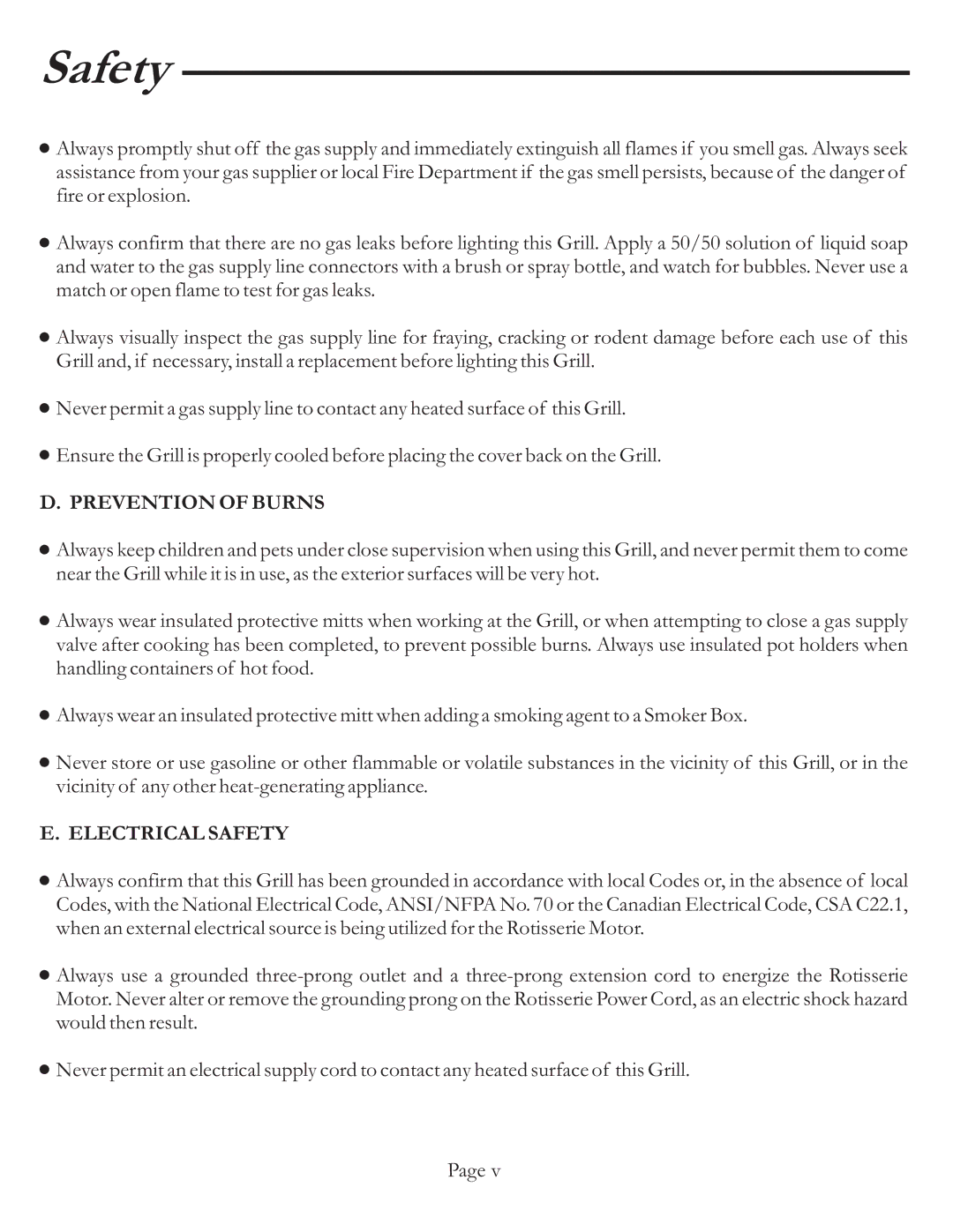 Vermont Casting VCS5037 user manual Prevention of Burns, Electrical Safety 