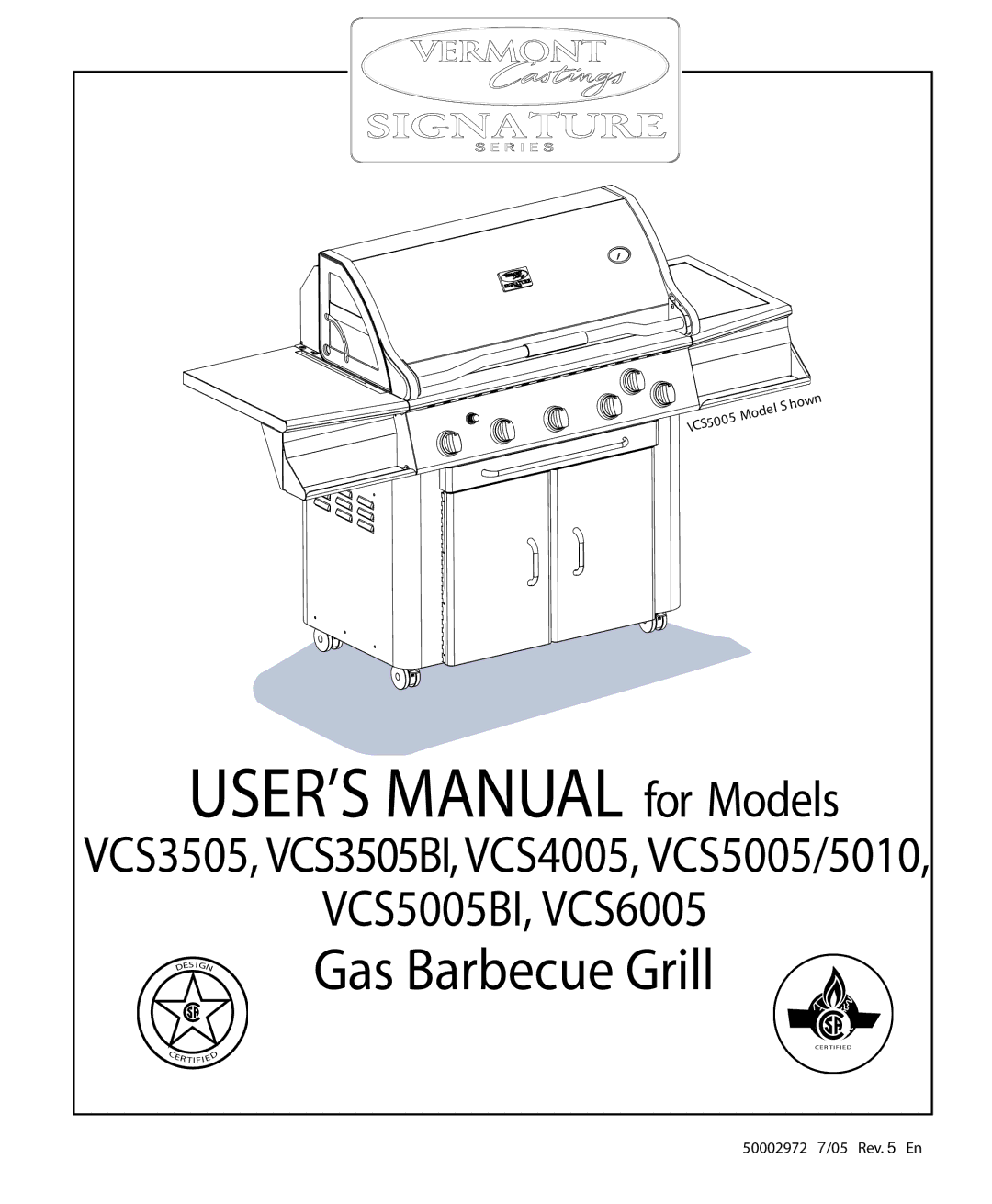 Vermont Casting VCS5005/5010, VCS6005, VCS5005BI, VCS4005, VCS3505BI user manual USER’S Manual for Models 