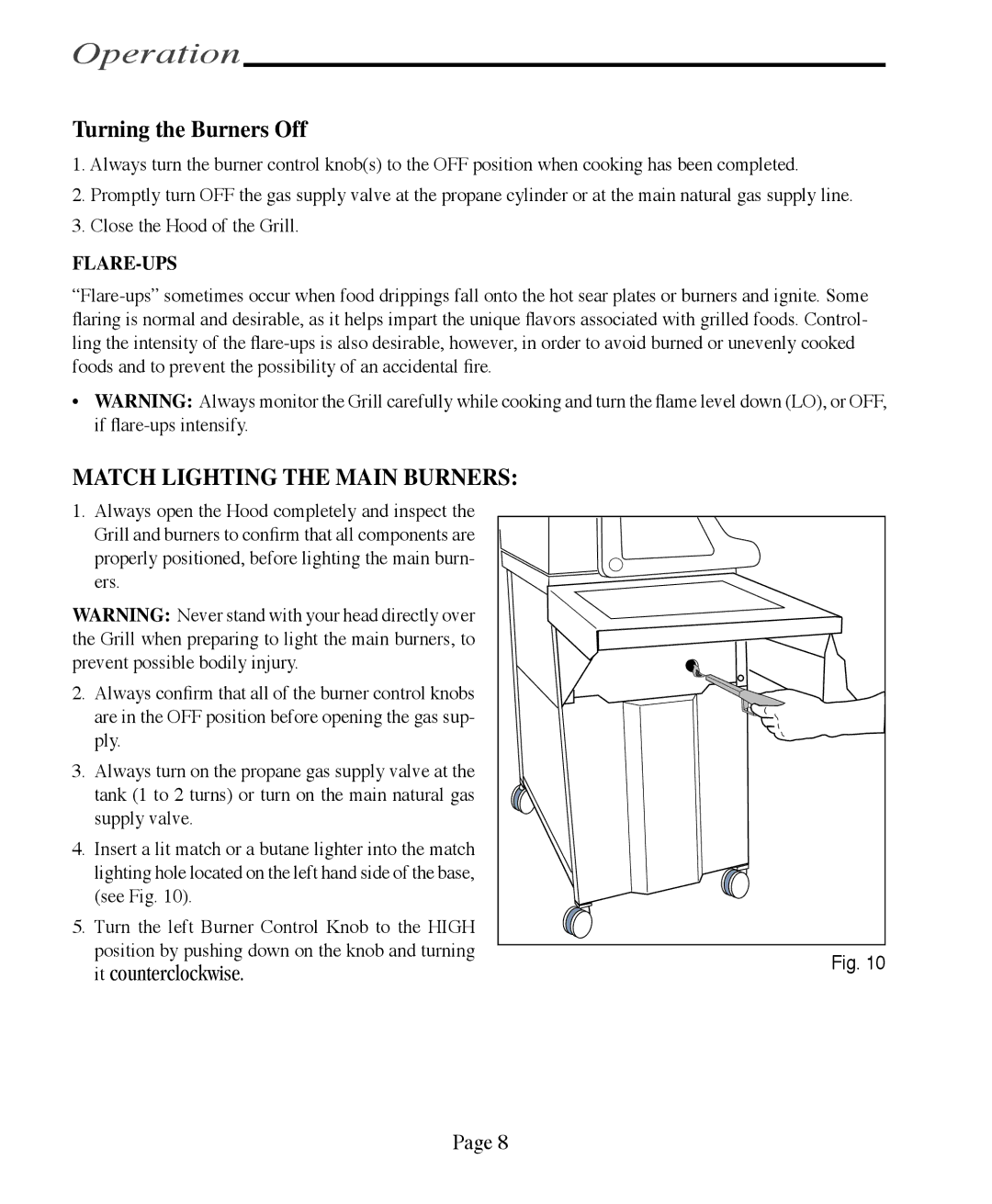 Vermont Casting VCS5005BI, VCS6005, VCS5005/5010, VCS4005, VCS3505 Turning the Burners Off, Match Lighting the Main Burners 