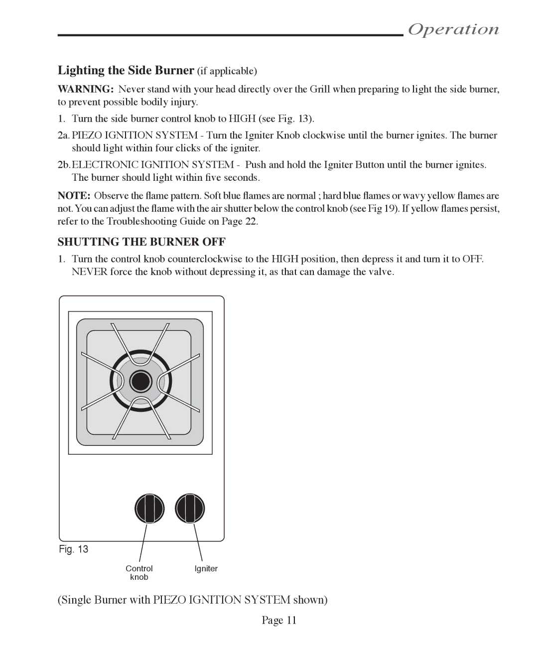 Vermont Casting VCS3505BI, VCS6005, VCS5005/5010, VCS5005BI Lighting the Side Burner if applicable, Shutting the Burner OFF 