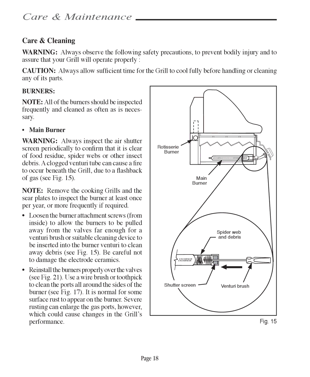 Vermont Casting VCS6005, VCS5005/5010, VCS5005BI, VCS4005, VCS3505BI user manual Care & Maintenance, Burners, Main Burner 